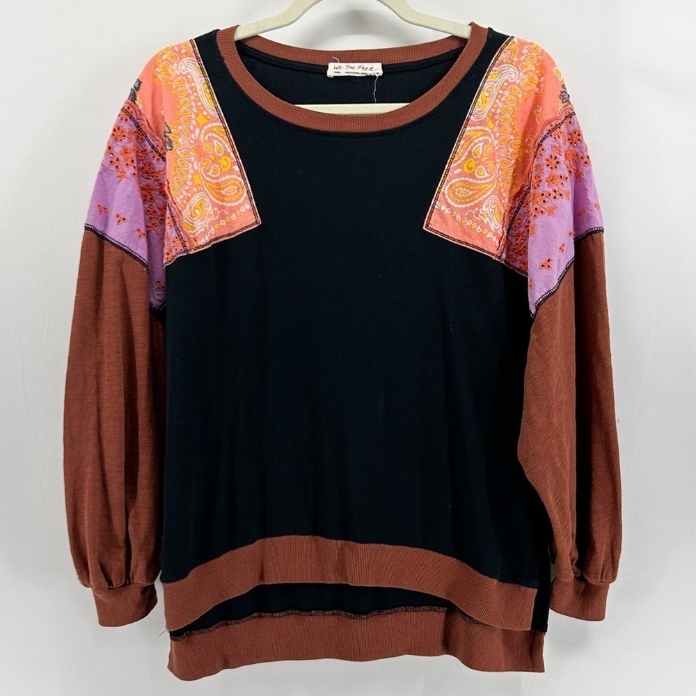 Free People Boho Feelin’ It Long Sleeve Ribbed Knit Patchwork Eyelet Blouse